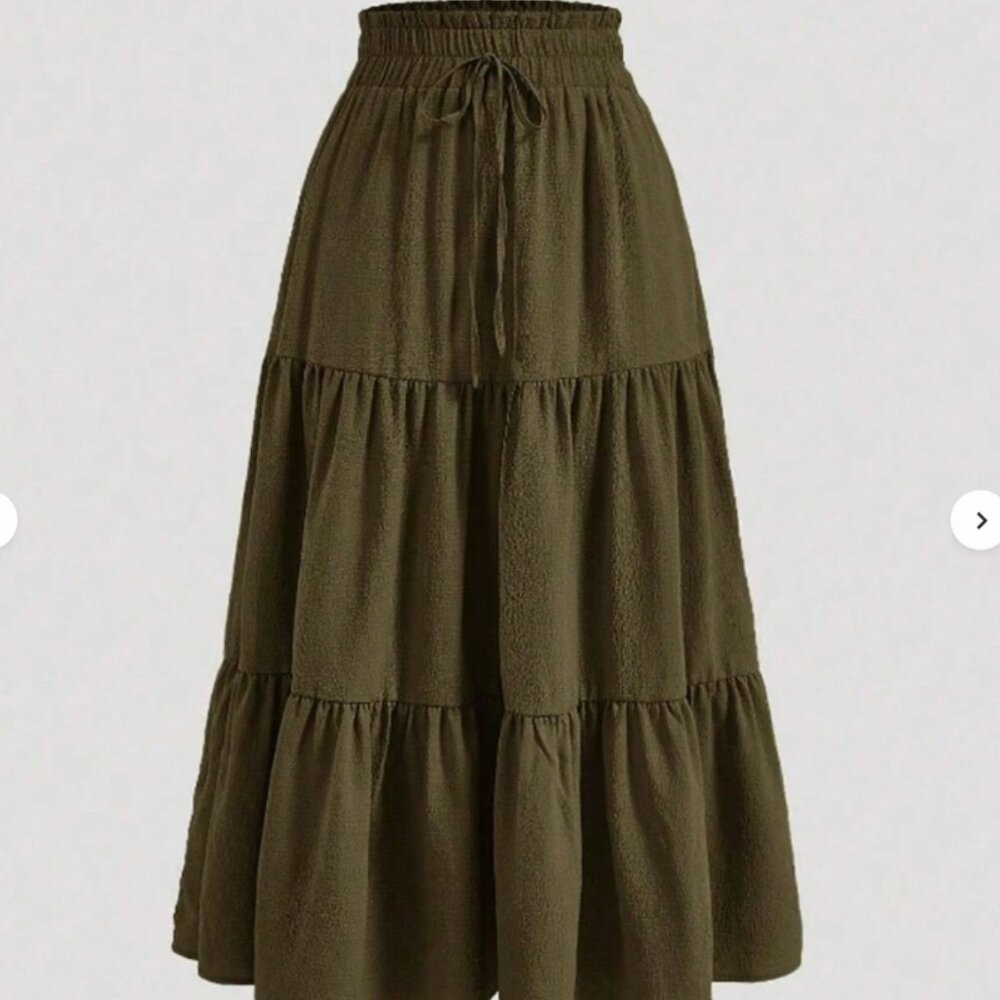 SHEIN Green Women's Waist Tie Multi-Layered Ruffle Hem Skirt